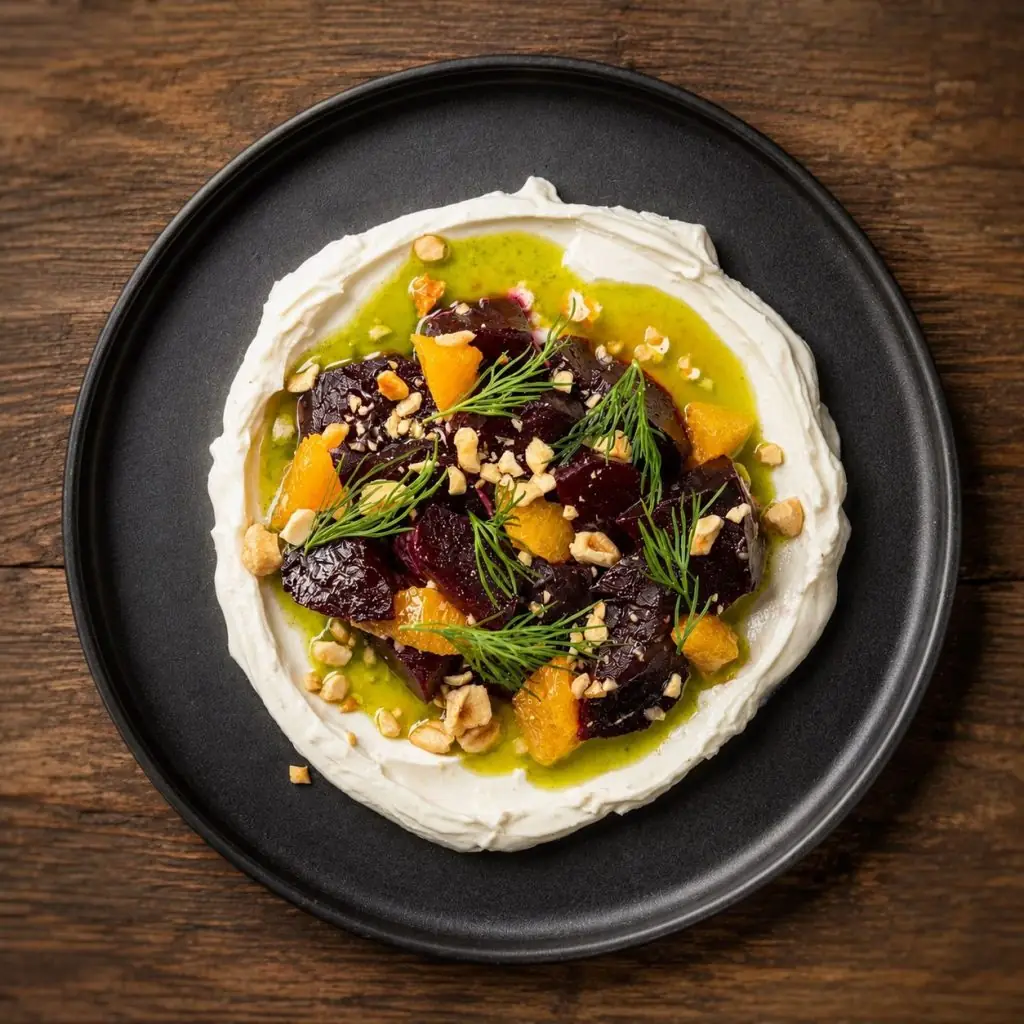 Roasted beetroot and orange segments over whipped cheese with dill and chopped hazelnuts on a black plate, Garage Bar