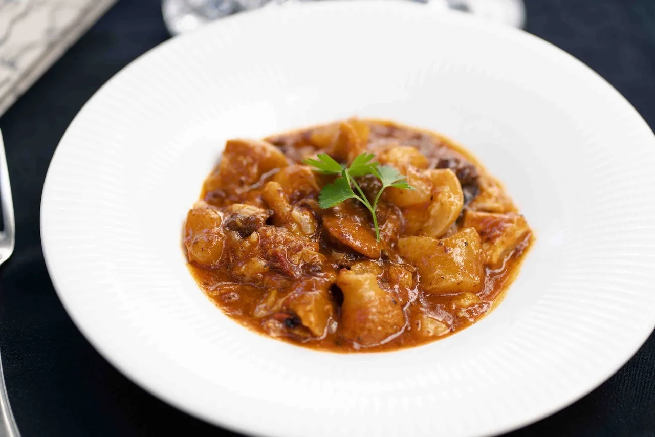 A white plate of chunky orange stew with a herb garnish