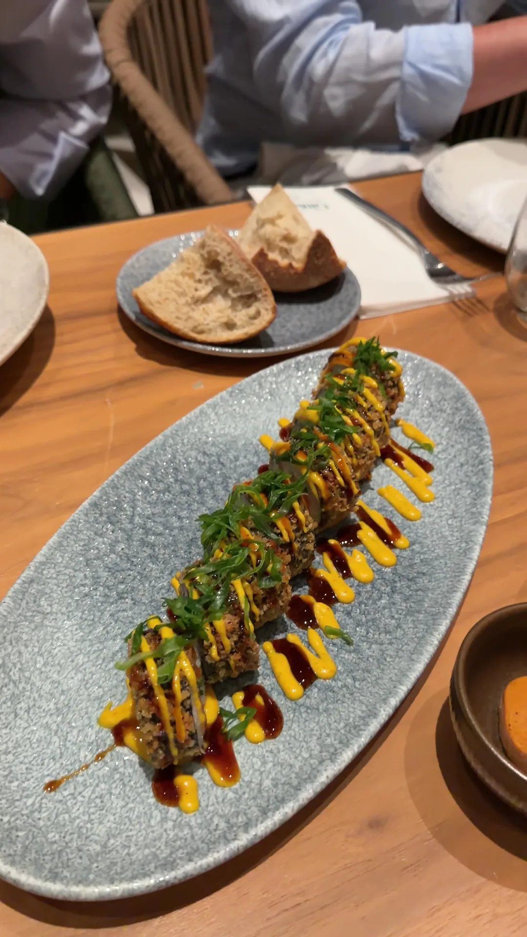 A skewered dish arranged on an oval plate