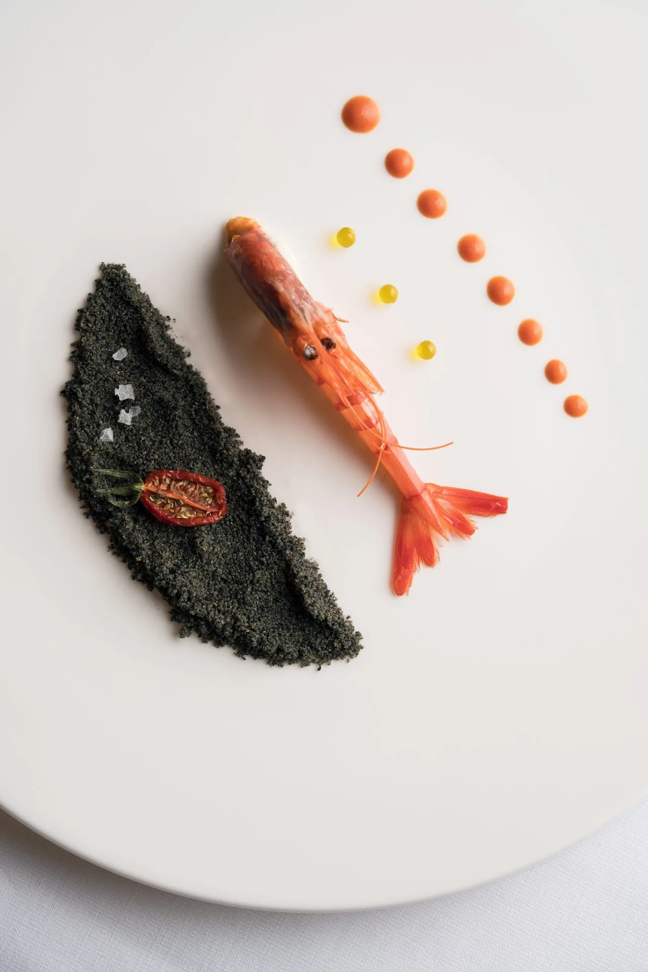 A single red prawn with orange dots and a dark leaf on a white plate
