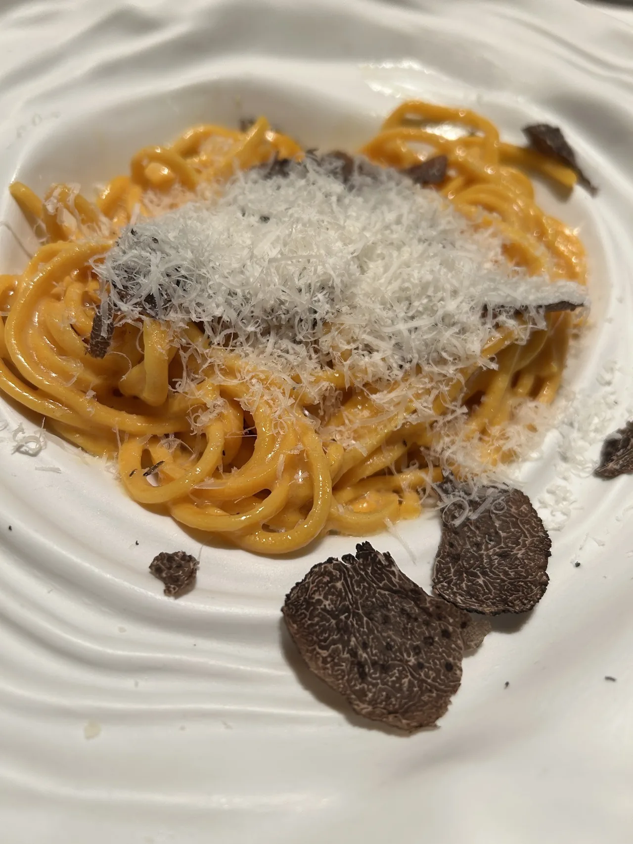 Spaghetti-style pasta topped with grated cheese and slices of black truffle on a white plate