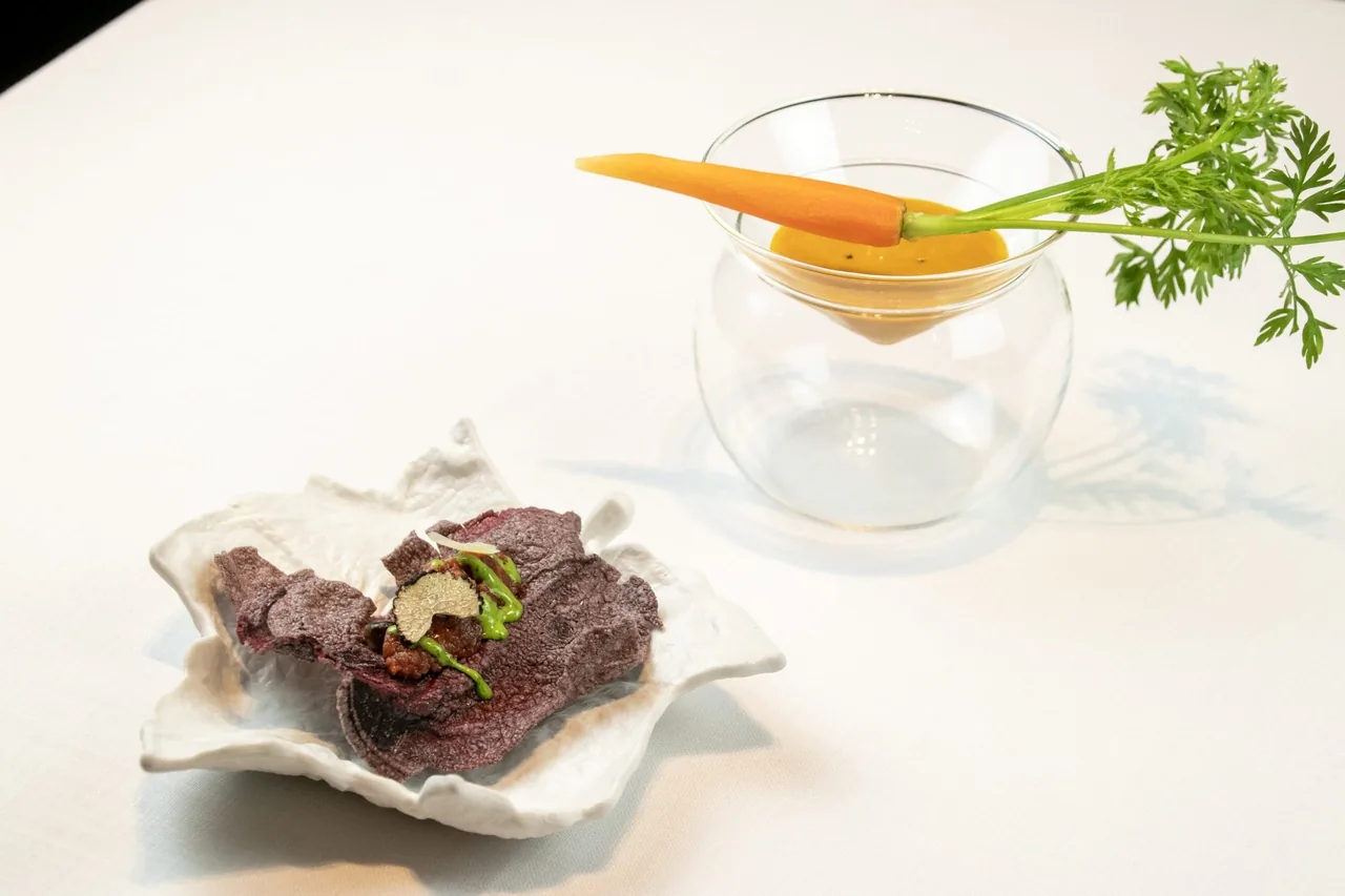 A white dish with a small carrot garnish and a plate of dark meat pieces