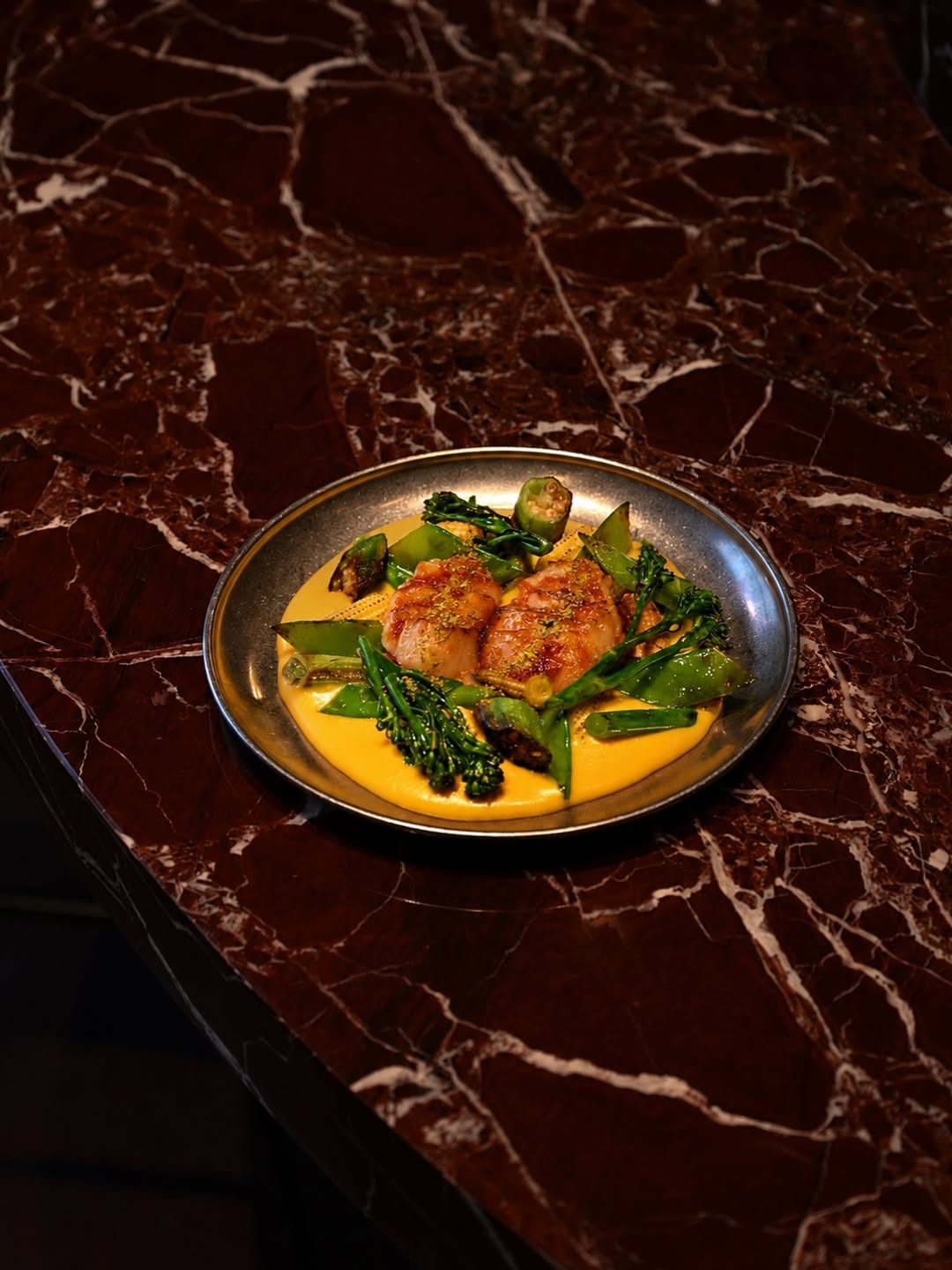 Hotate Kimizu.

Seared Aomori scallops.
Kimizu hollandaise.
Wok-charred greens. 

Simple. Delicate. Loud enough.