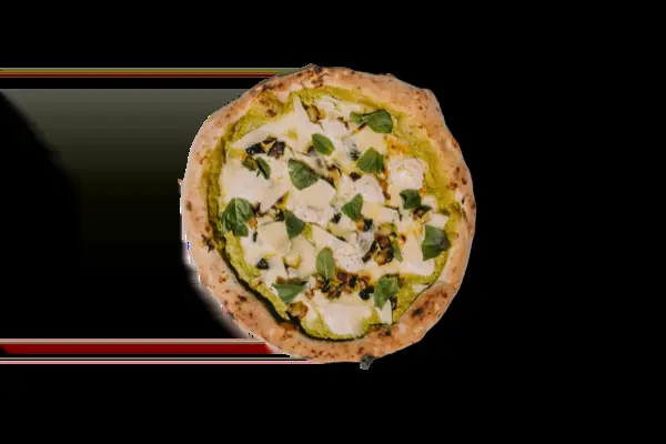 Round gluten-free pizza with pesto base, melted mozzarella, chopped nuts, and fresh basil leaves at Grosso Napoletano Senza Glutine