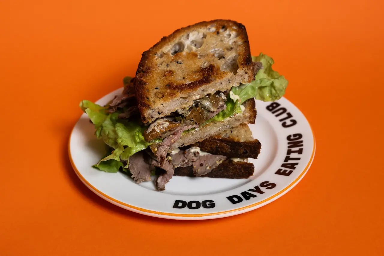 Roast beef sandwich with lettuce and mustard on toasted bread