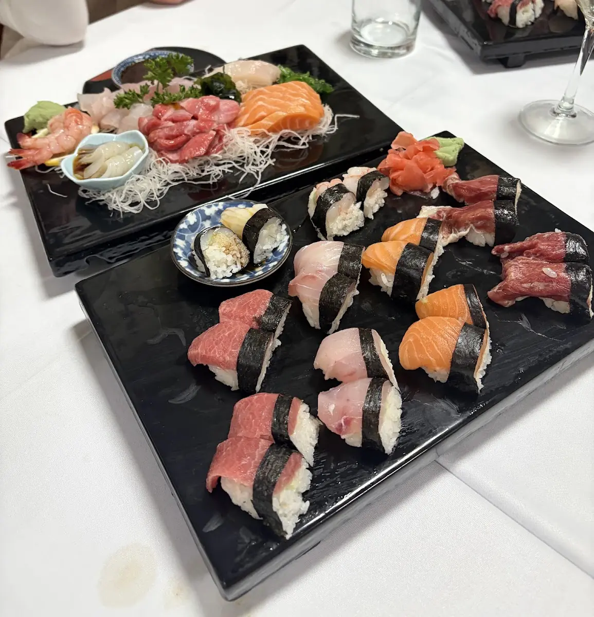 A large sushi and sashimi platter at Hanaita