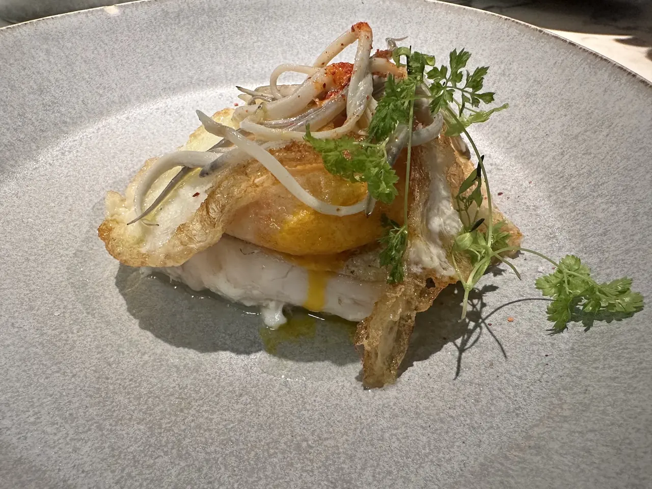 Fish fillet with crispy skin, herbs and julienned garnish on grey plate