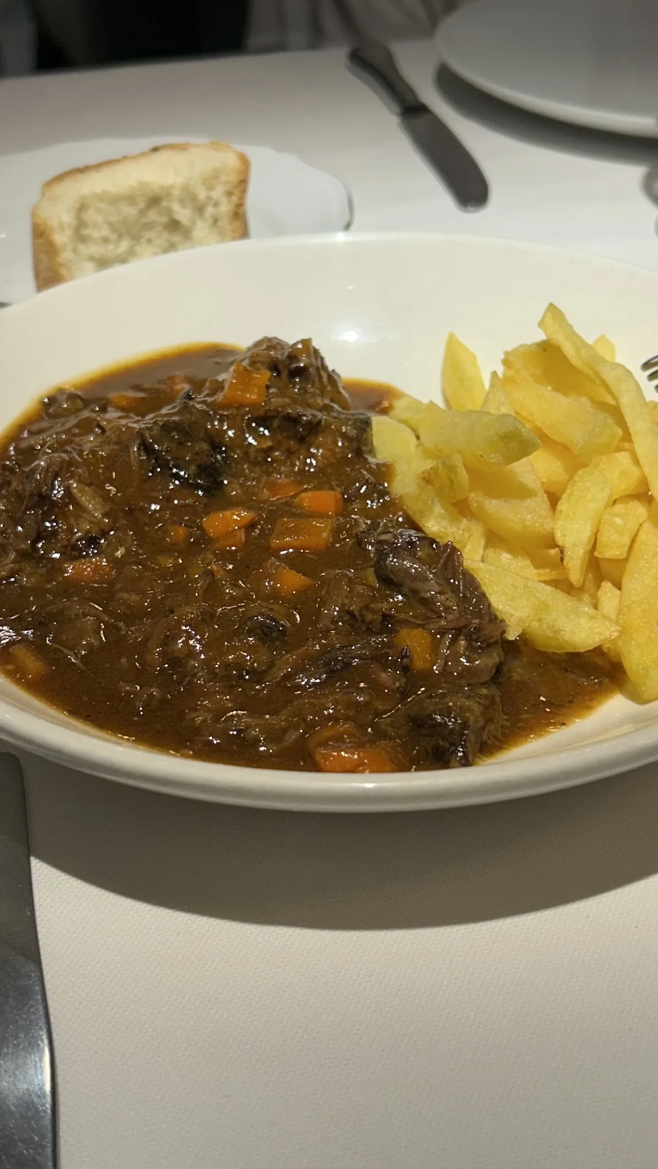 A meat stew served with a side of fried potatoes