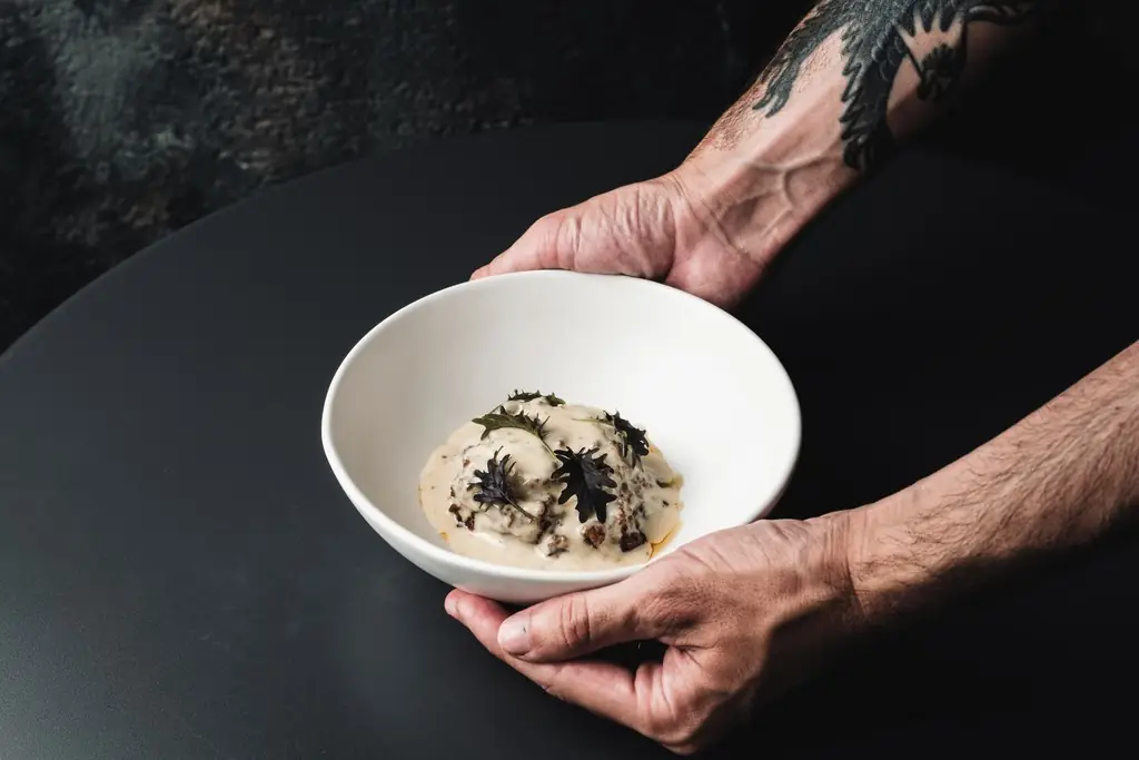 White bowl of a dish in cream sauce garnished with dark frisee leaves, held by two hands over a dark table