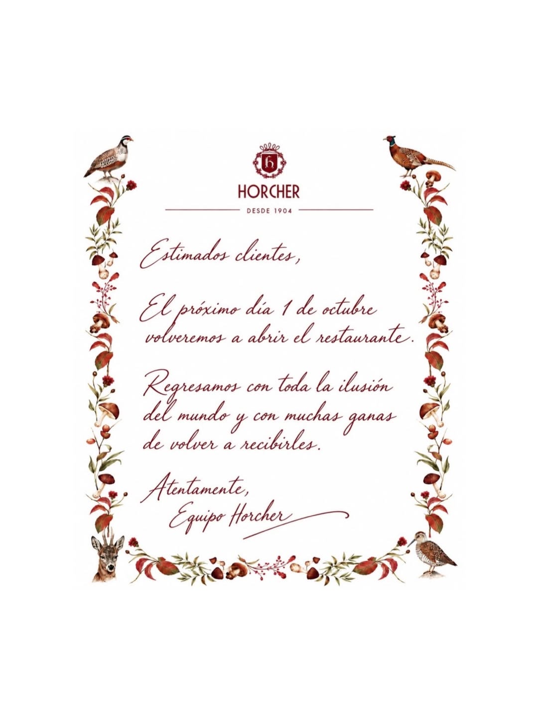 Estimados clientes, el próximo día 1 de octubre volveremos a abrir el restaurante.
Regresamos con toda la ilusión del