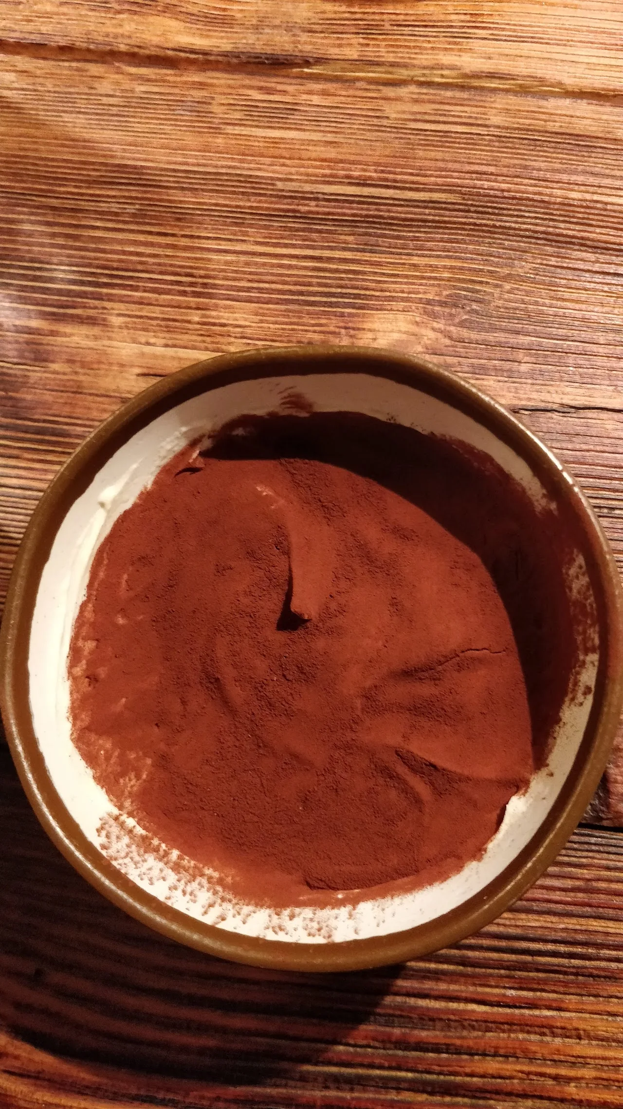 A bowl of chocolate mousse dusted with cocoa powder