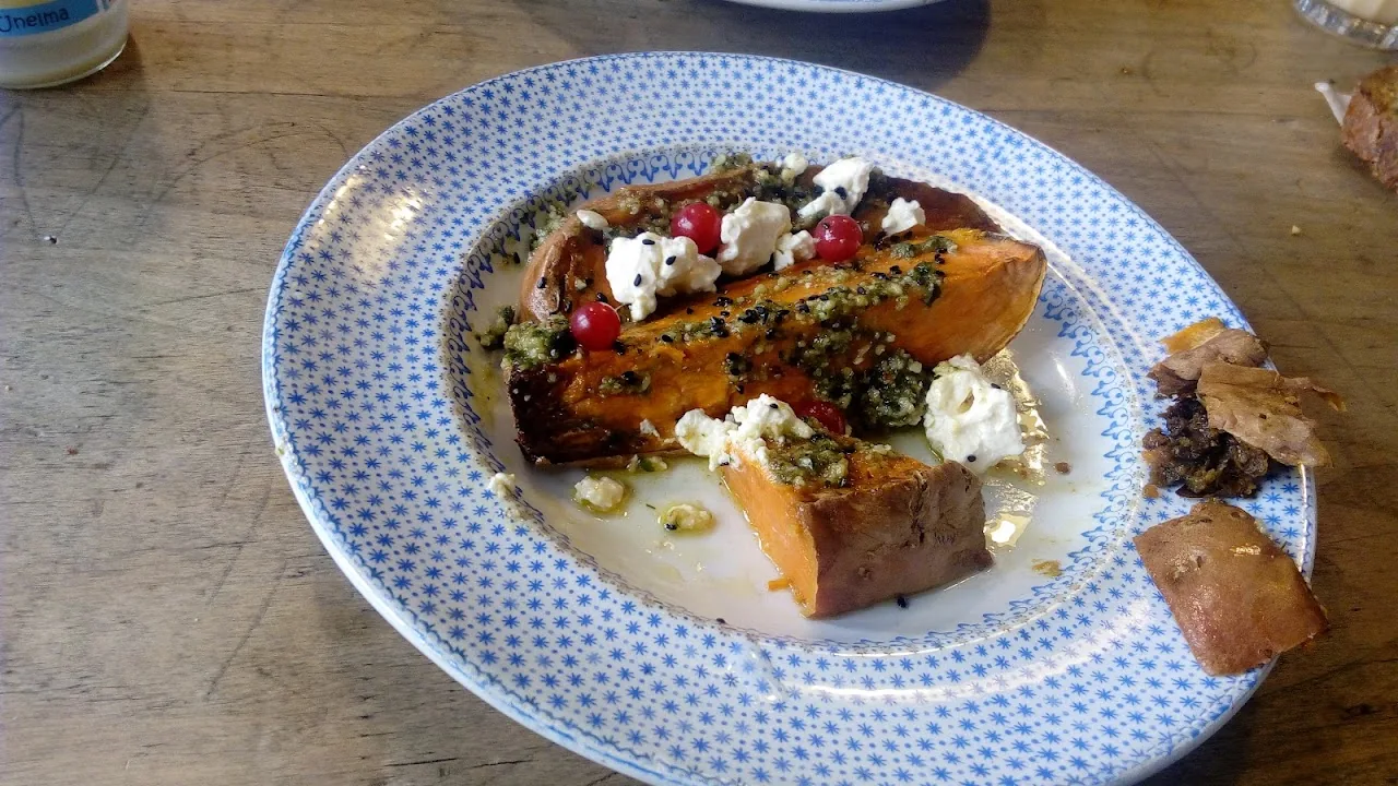 A plate of roasted squash with herbs, yogurt, and greens