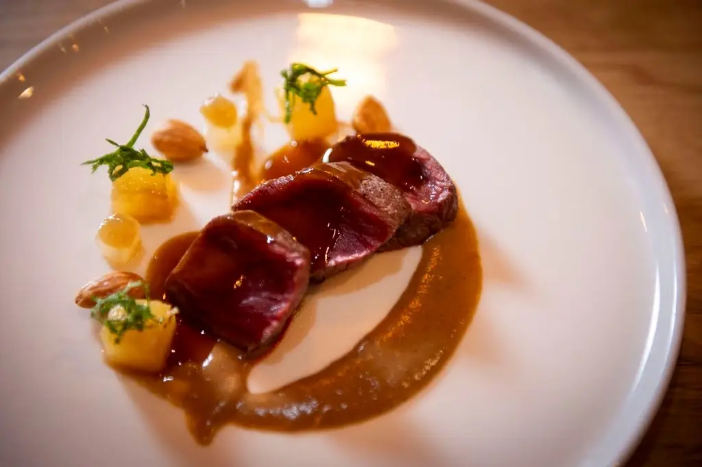 Sliced medium-rare meat with a brown sauce, almonds, and diced apple garnish on a white plate