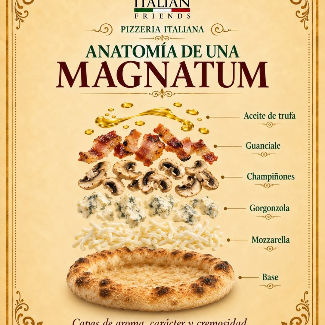 Ahora sí: vamos a desmontar la MAGNATUM pieza por pieza. 🔍🍕
Mozzarella para la cremosidad.
Gorgonzola para profundidad.