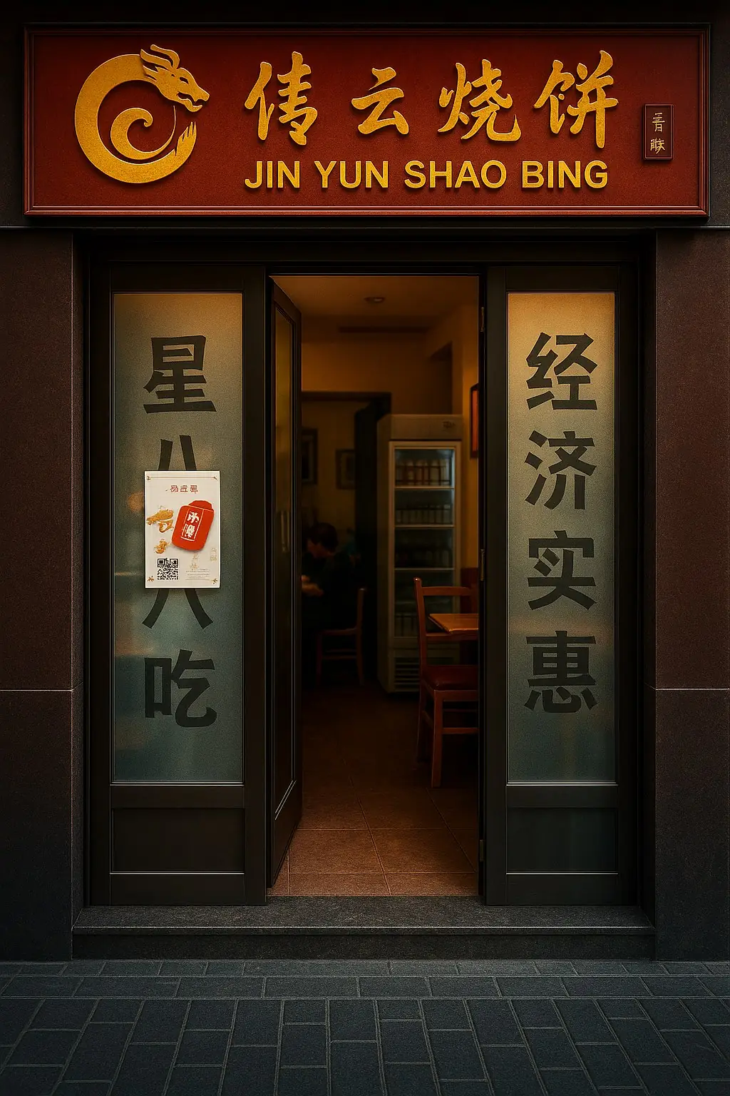 Shopfront of Jin Yun Shao Bing with a red-and-gold dragon-logo sign and frosted glass doors bearing Chinese characters, opening onto a small dining room