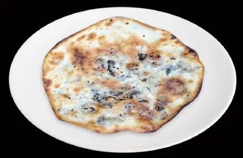 Thin griddled flatbread with charred blistered spots on a white plate