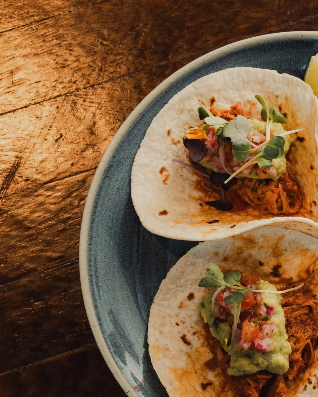 Two soft tacos filled with meat, avocado and herbs on a blue plate