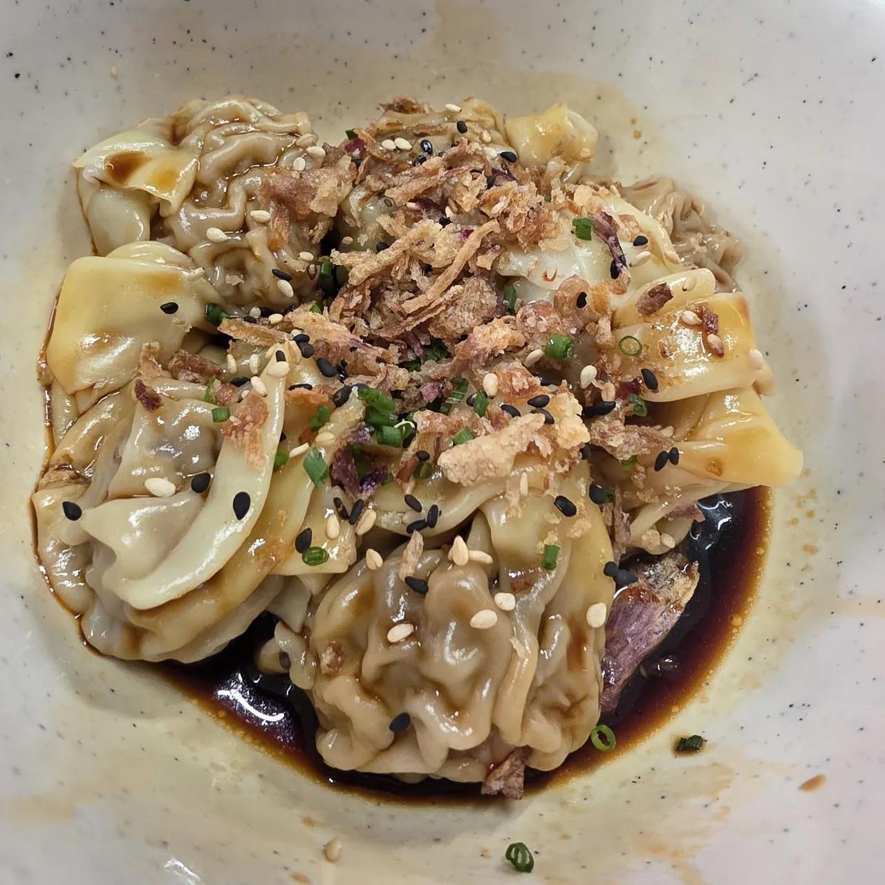 Dumplings in dark sauce topped with crispy fried onions