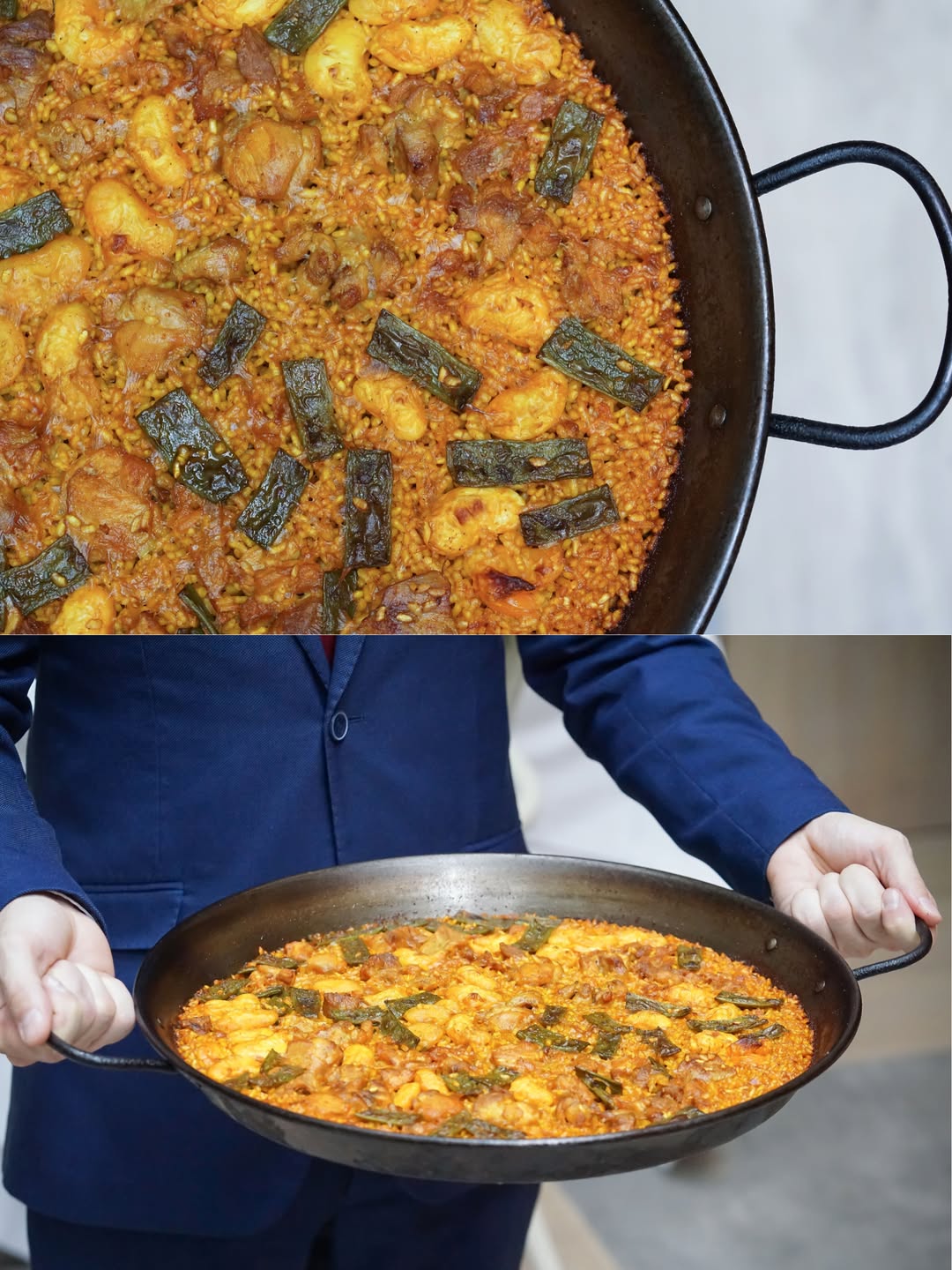 La tradición empieza por respetar los ingredientes.
Nuestra paella valenciana con pollo, judía verde y garrofó, cocinad