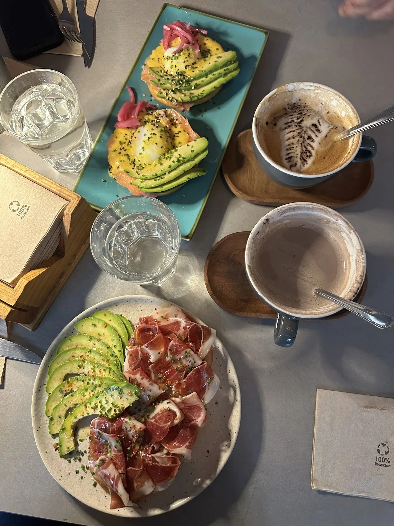 Plates of avocado toast and ham on toast beside two coffees on a table