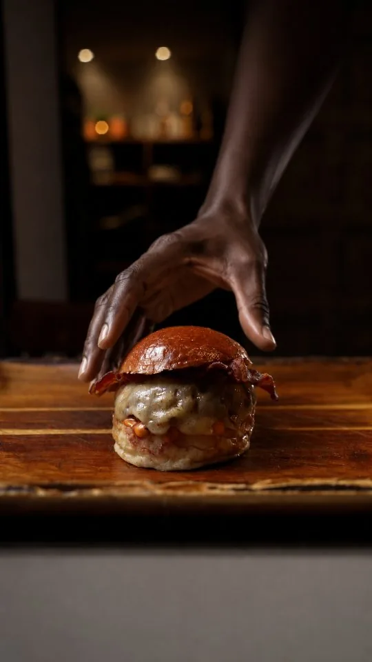 Hand placing a stacked burger on a wooden board