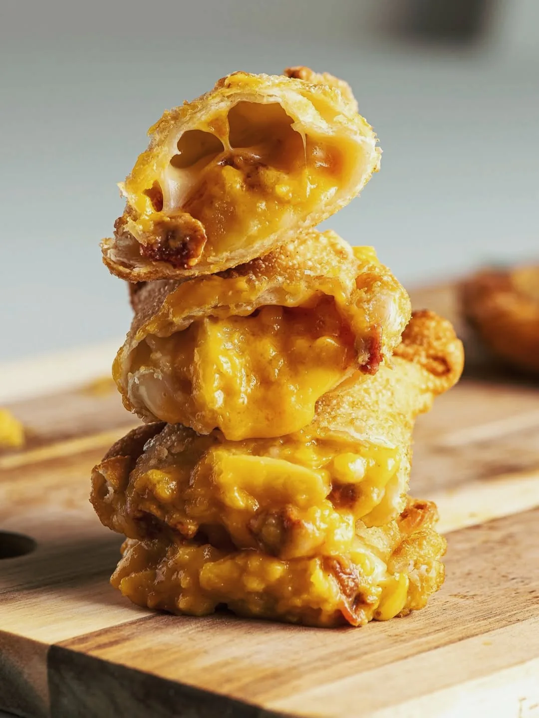 Stack of golden cheese-topped fried pastries on a wooden board