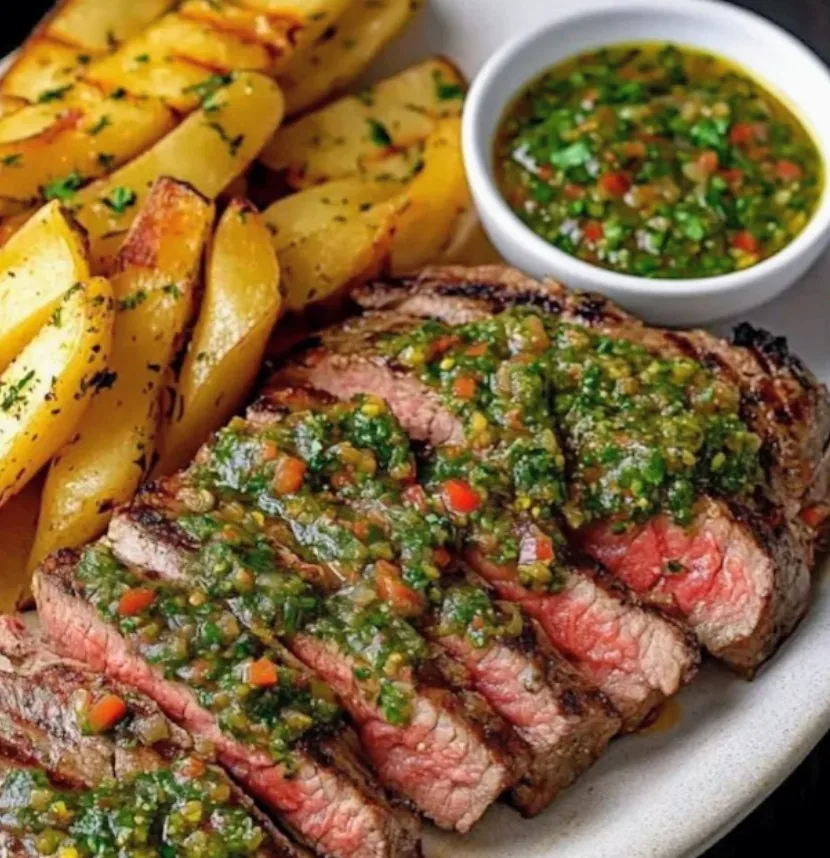 Sliced grilled steak with chimichurri sauce and roasted potatoes