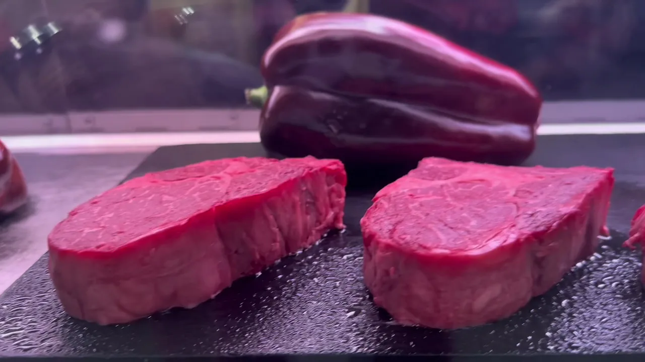 Two raw steak cuts on a hot stone plate ready to cook