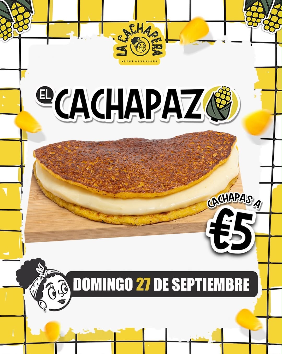 Gran CACHAPAZO 💛 con cachapas por solo 5€‼️
Atención #cachapalovers de VALENCIA, MADRID Y BARCELONA 💛
🌽 Gran CACHAPAZO