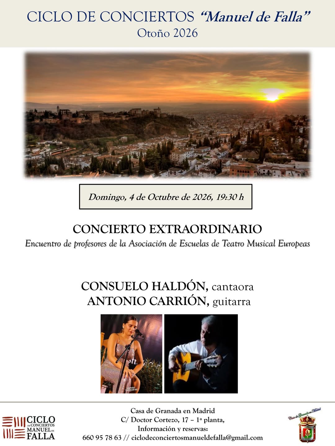 Ciclo de Conciertos «Manuel de Falla» en Casa de Granada en Madrid.
Domingo, 4 de octubre de 2026 (19:30 h)
CONSUELO HAL