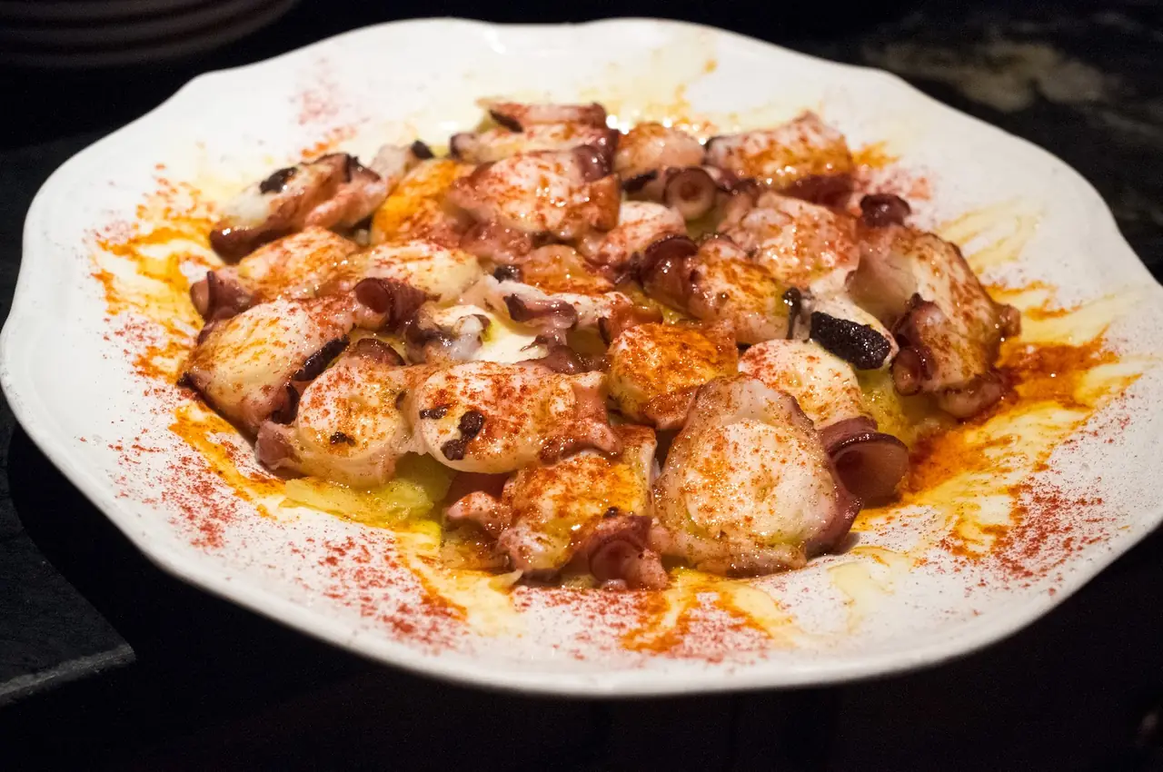 Octopus pieces dusted with paprika over olive oil on a white plate
