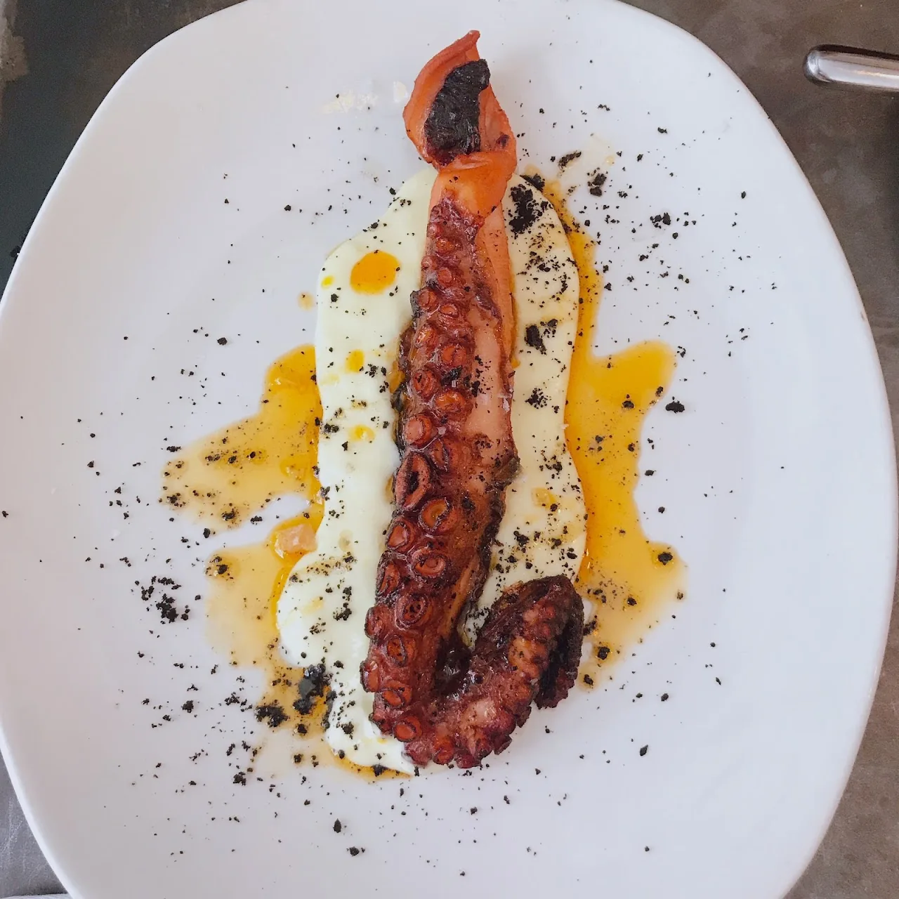 Grilled octopus over potato puree with paprika oil
