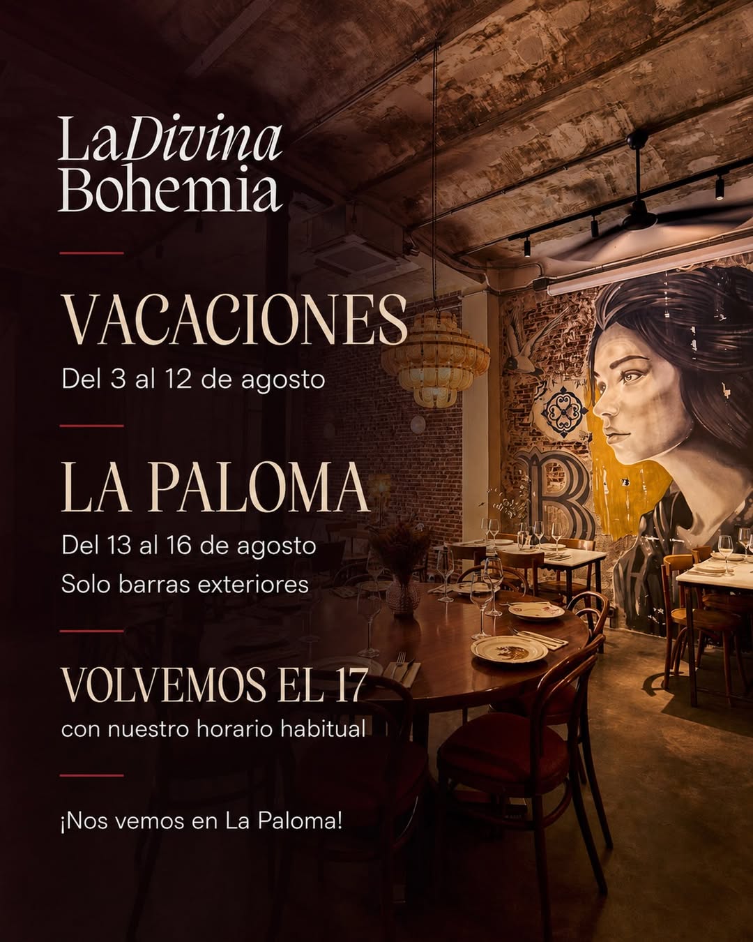Después de muchos meses de trabajo, toca hacer una pequeña pausa.
🍷 Del 3 al 12 de agosto el restaurante permanecerá ce
