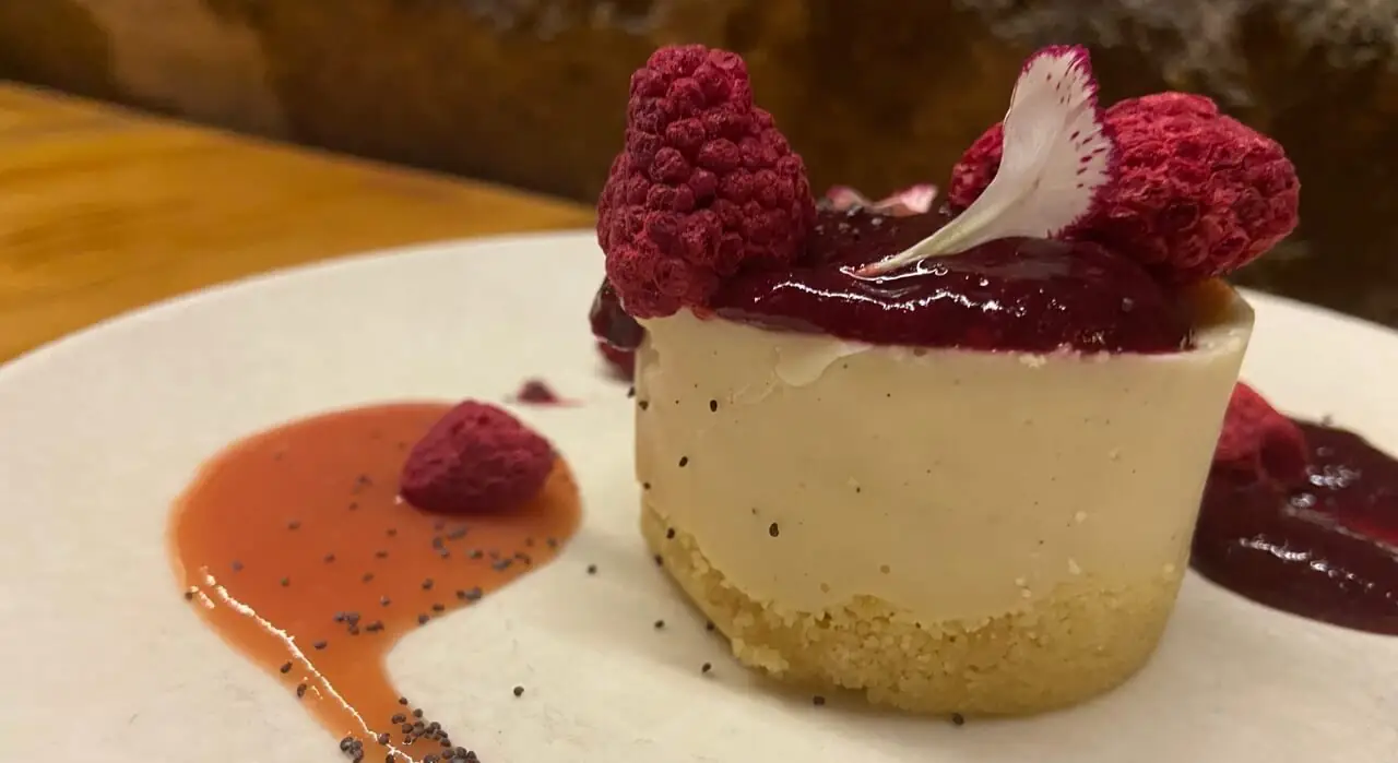 Individual cheesecake topped with berry compote and freeze-dried raspberries, with fruit coulis and poppy seeds on a white plate