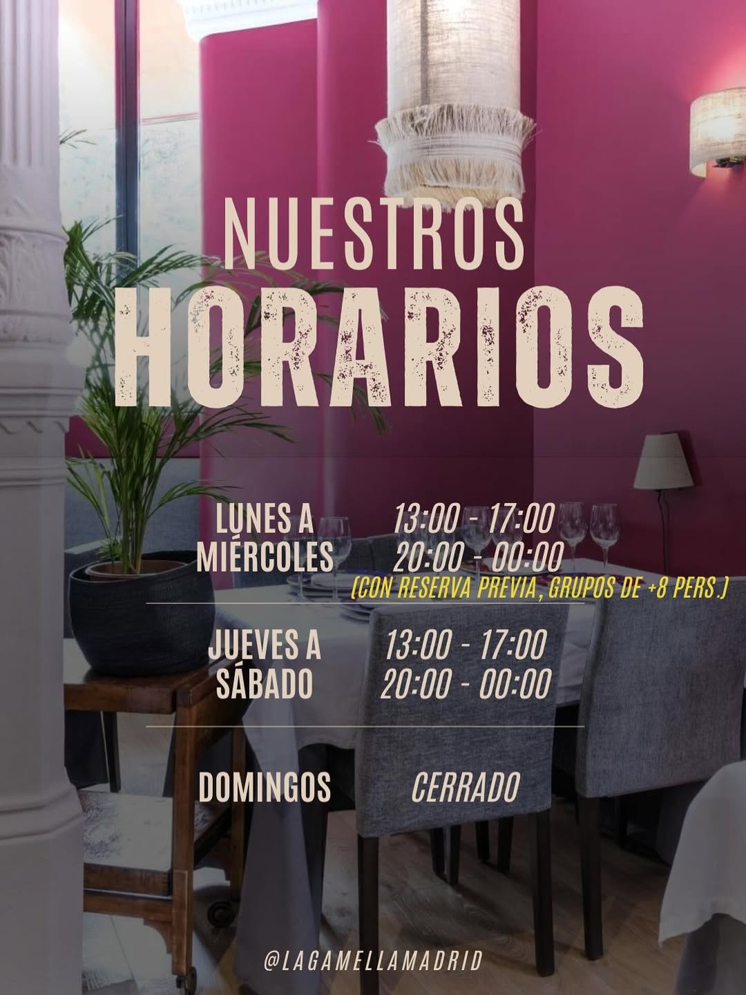 Aquí tenéis nuestro nuevo horario, ¡os esperamos!
Si quieres reservar lunes, martes o miércoles noche y sois un grupo de