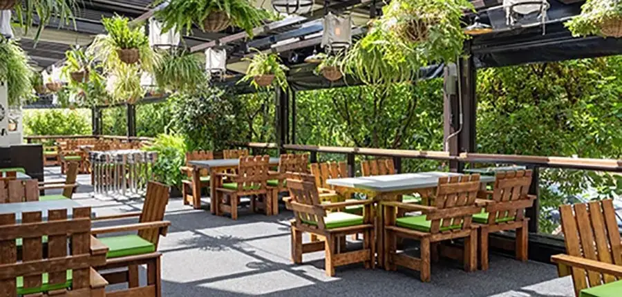 Covered outdoor terrace with wooden tables and green-cushioned chairs under hanging ferns and string lights.
