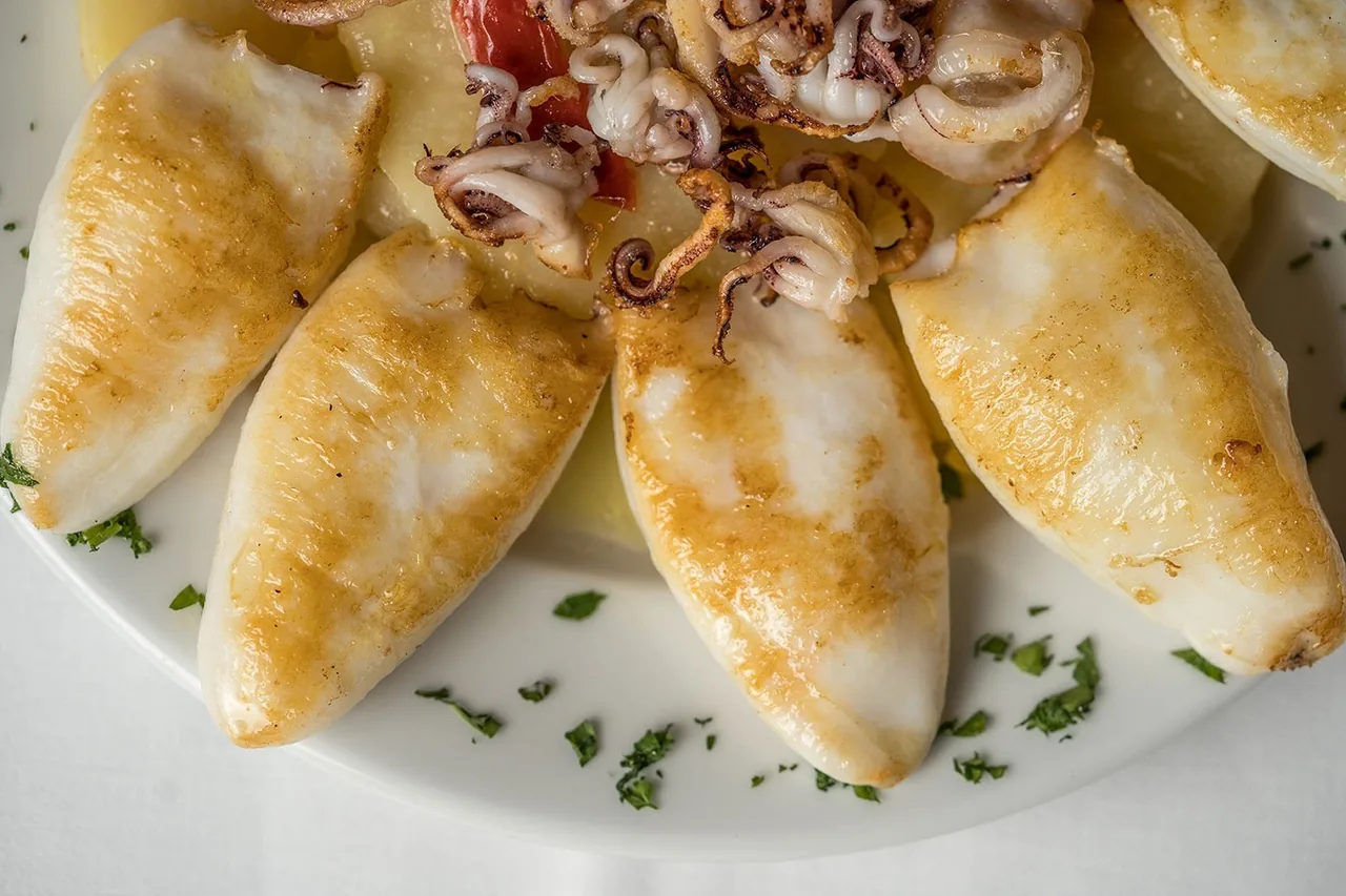 Grilled squid on a white plate with a small garnish