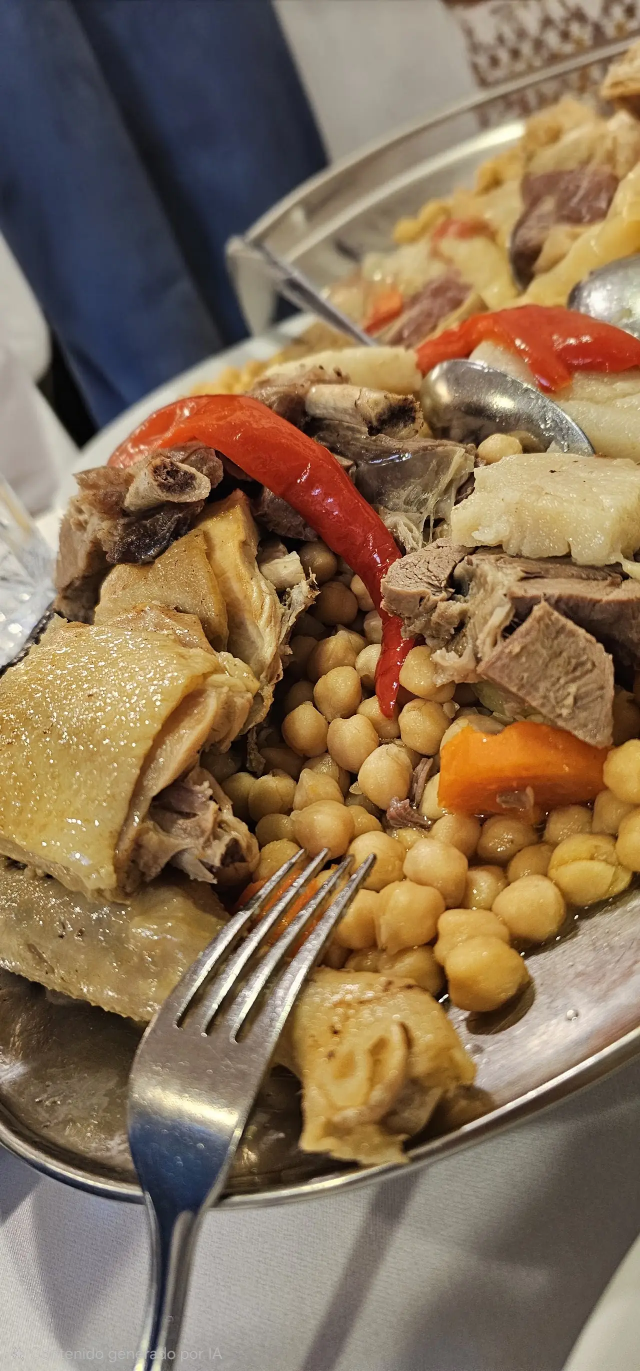Chickpea stew with chunks of meat on a metal plate