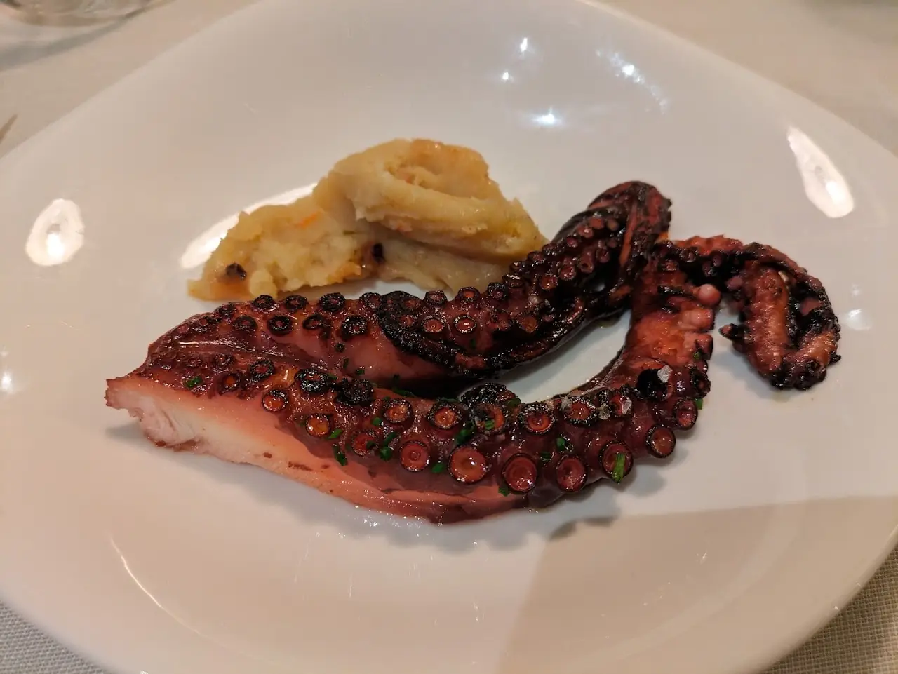 Grilled octopus tentacles on a plate with a scoop of mashed potato