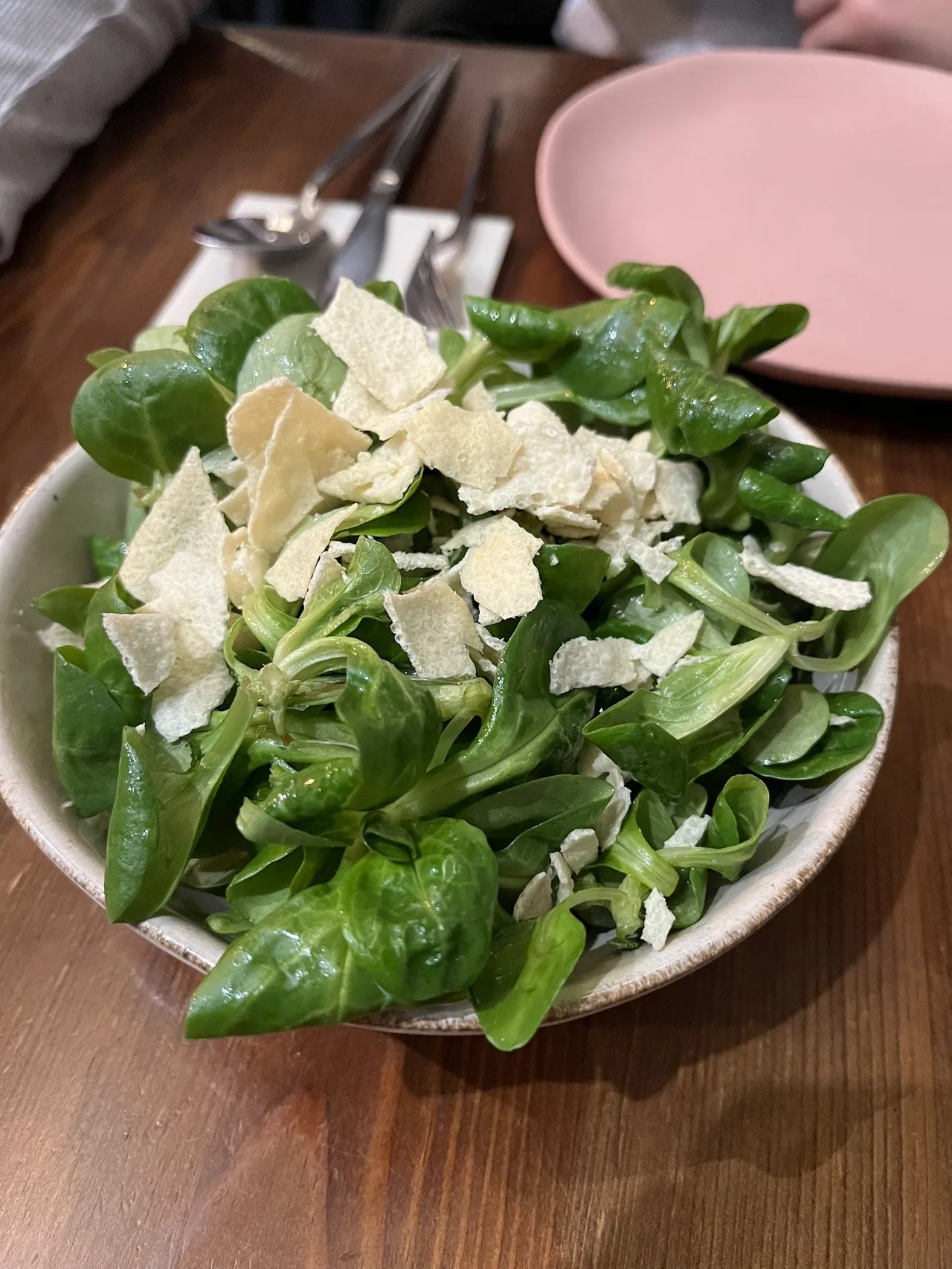 A bowl of green salad leaves topped with shaved cheese