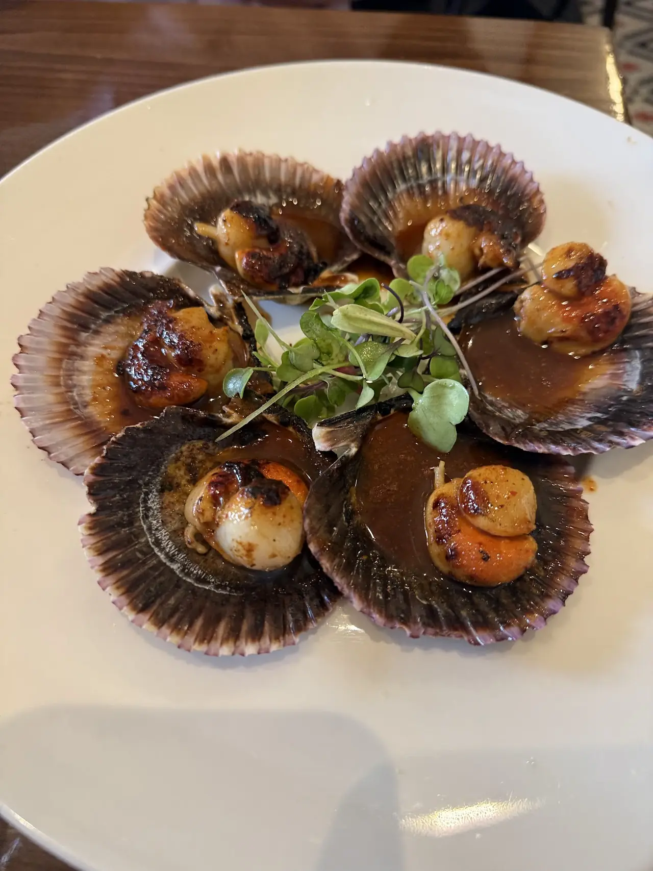 Grilled scallops on the half shell topped with herbs