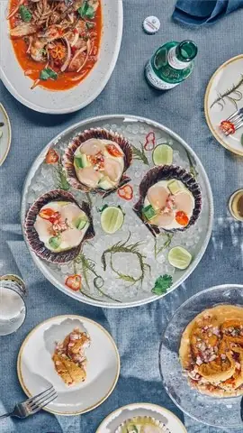 Overhead shot of a table with scallop shells filled with ceviche on crushed ice, a bowl of red ceviche, and fried plantain chips with dipping sauce.