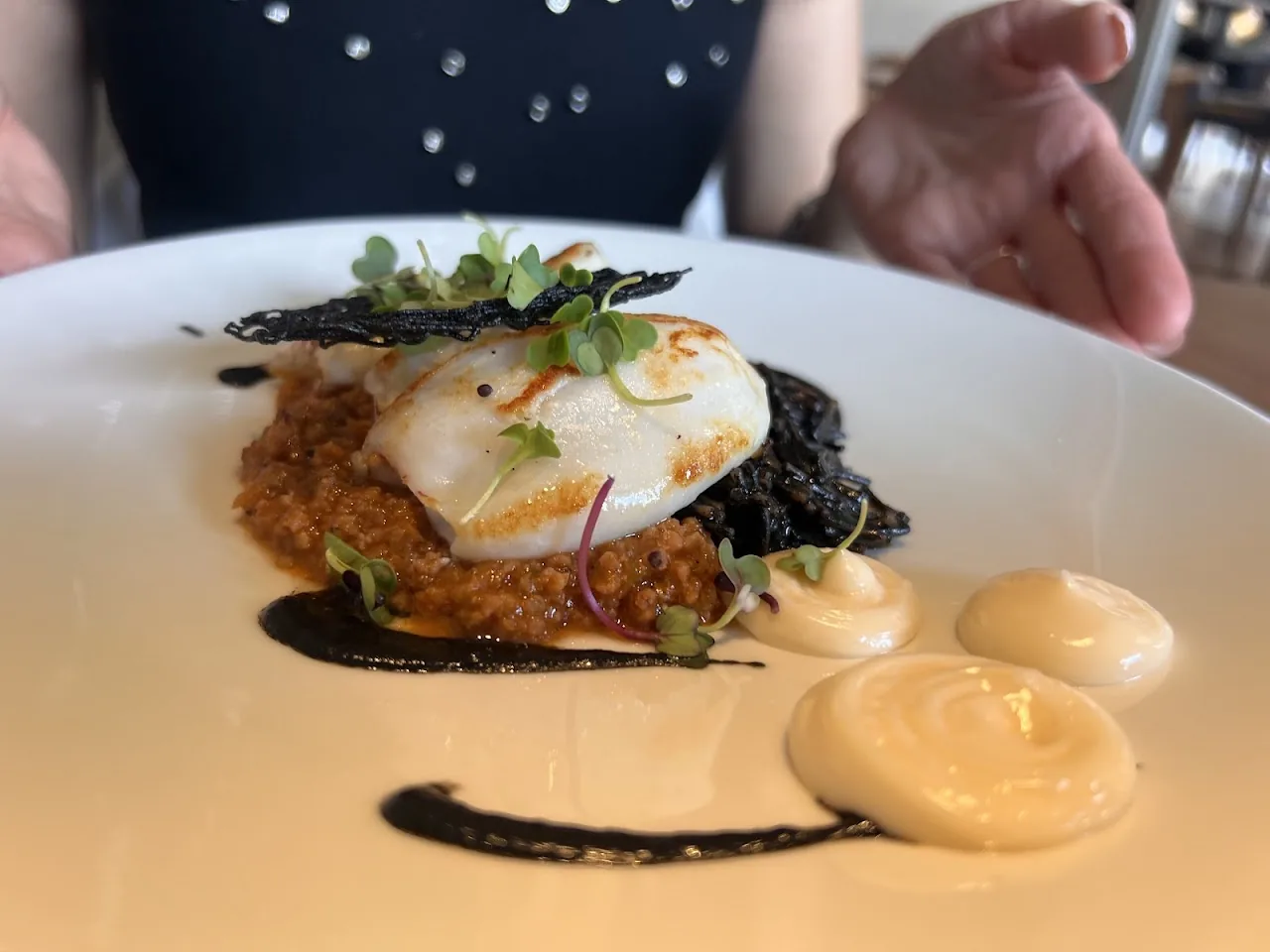 A plated fish dish with a poached egg and black squid-ink sauce
