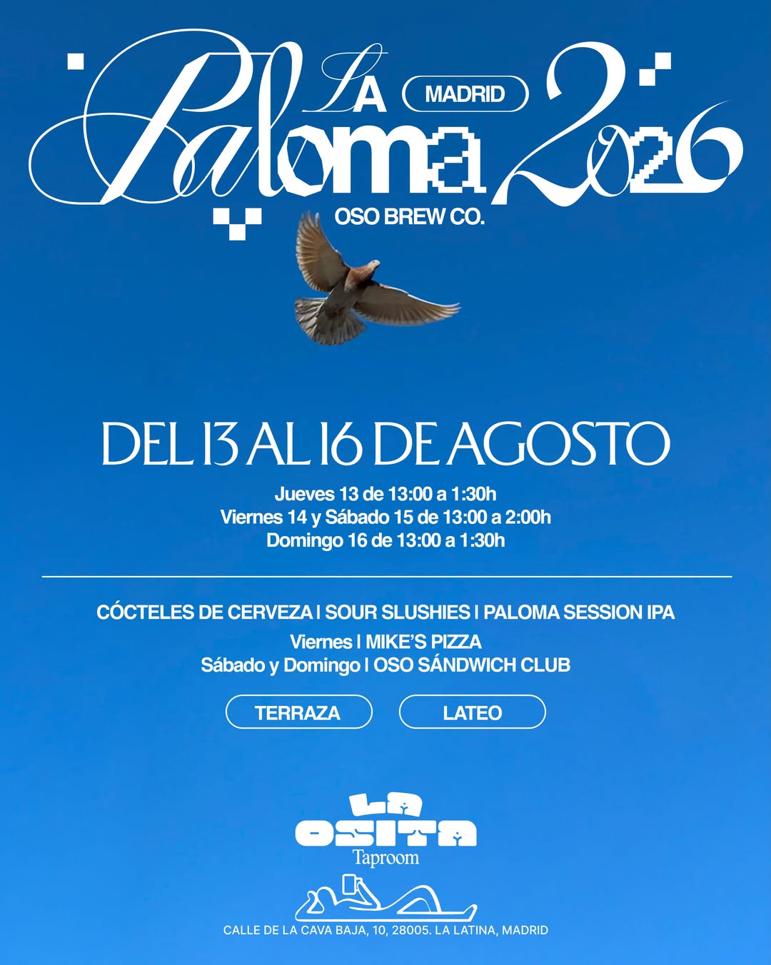 Vuelven las Fiestas de La Paloma 2026 y nosotros no podemos estar más contentos 🎉
Del 13 al 16 de Agosto os esperamos e