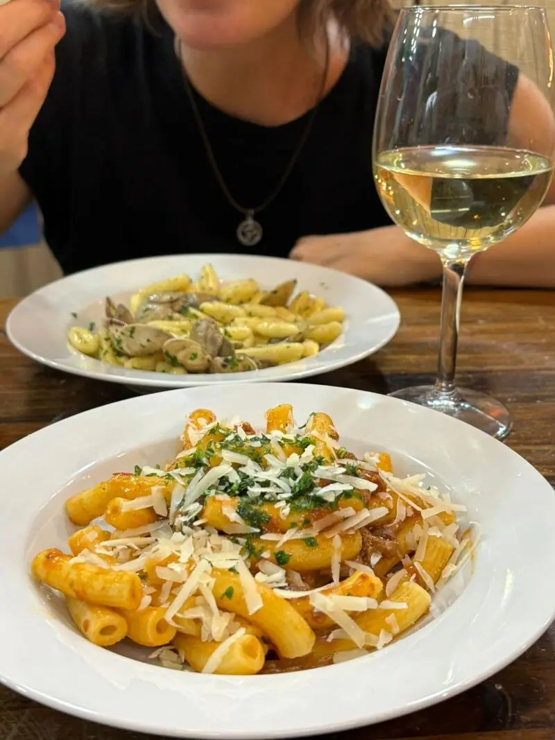Two plates of pasta - one with clams and herbs, one short pasta in tomato sauce with grated cheese - beside a glass of white wine on a wooden table