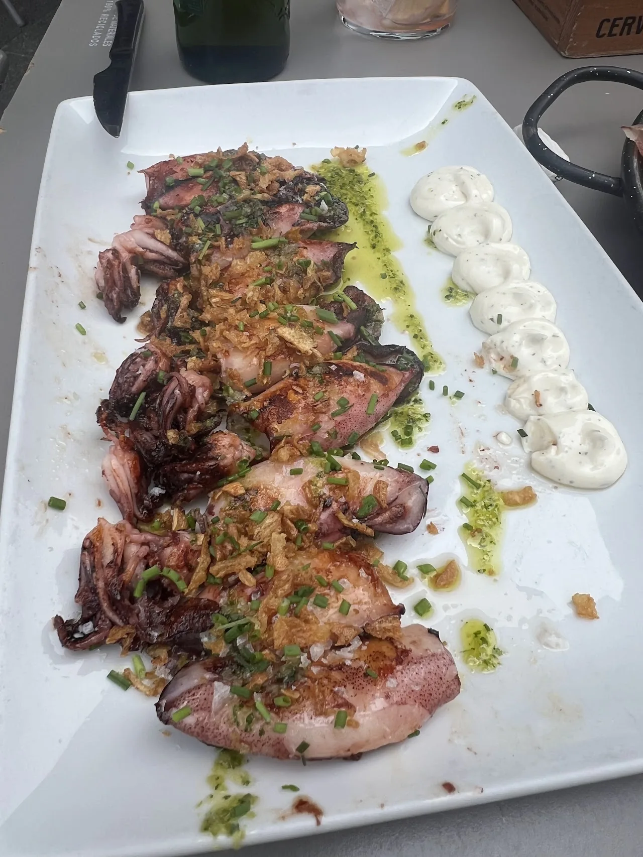 Grilled octopus slices garnished with herbs on a white plate