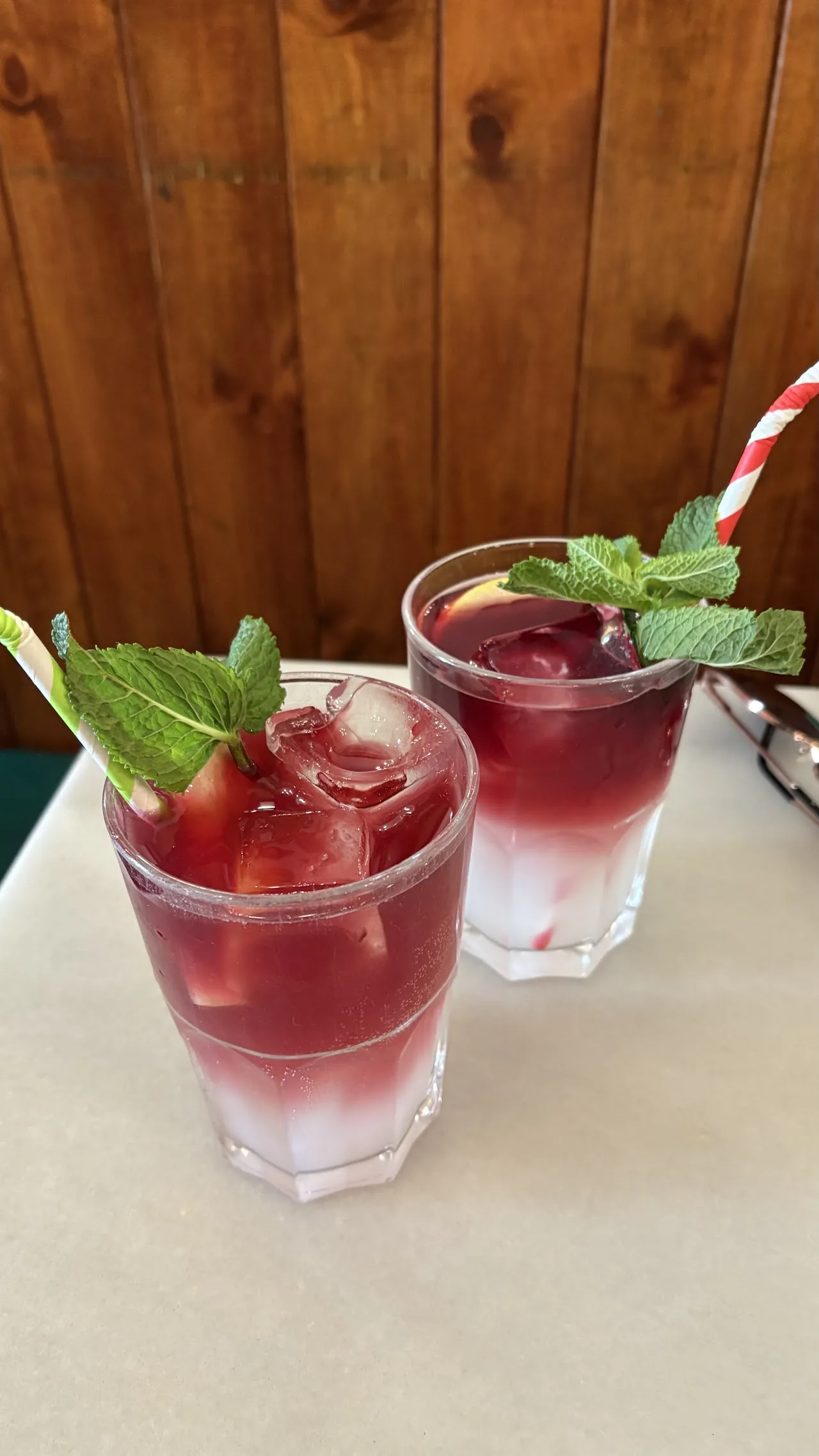 Two red cocktails garnished with mint in tall glasses