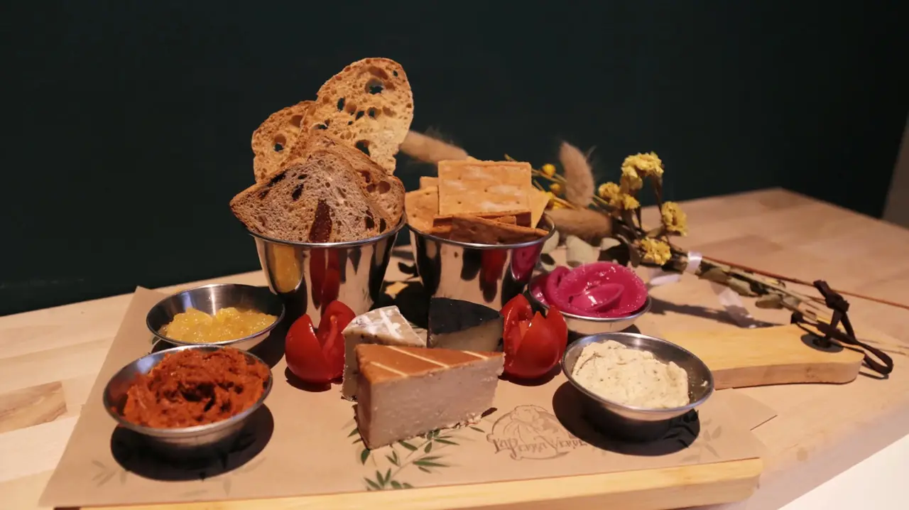 Vegan cheese and pate tasting board with crackers, toasted bread, tomato confit, and pickled vegetables at La Perra Verde