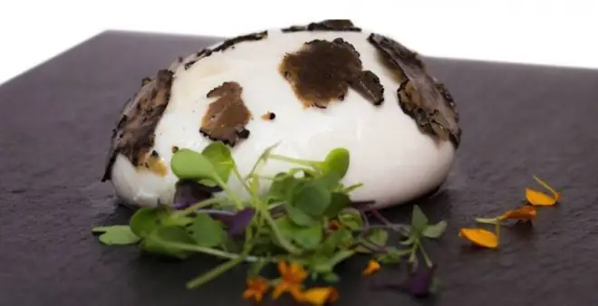 Burrata topped with black truffle shavings, micro-greens and edible flowers on slate