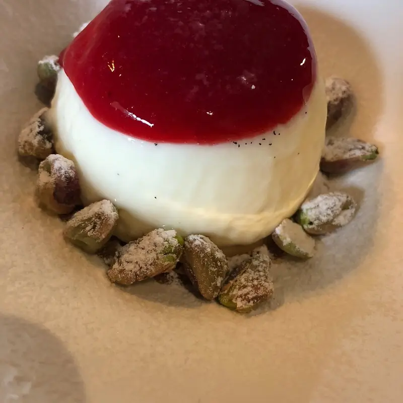 A panna cotta topped with red berry sauce, ringed with crushed pistachios.